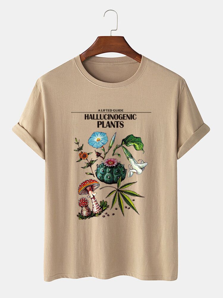 Camiseta De Manga Corta Con Cuello Redondo Y Estampado De Plantas Para Hombre 100% Algodón