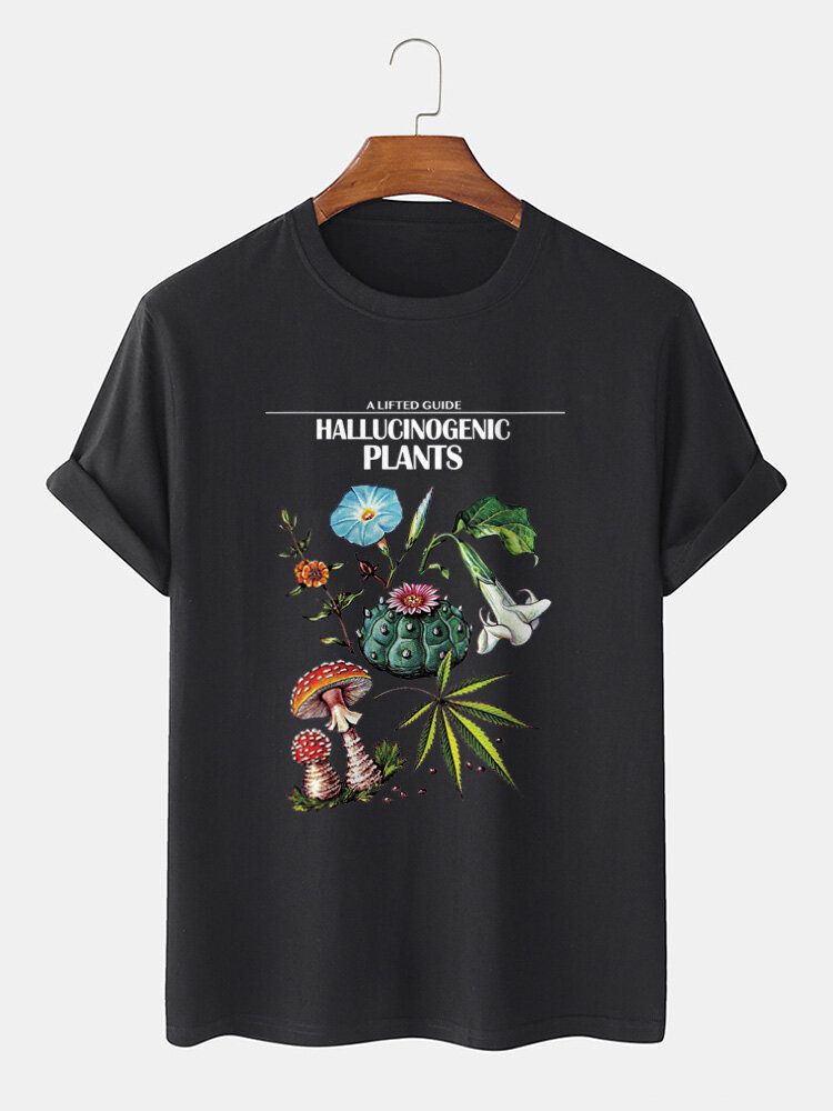 Camiseta De Manga Corta Con Cuello Redondo Y Estampado De Plantas Para Hombre 100% Algodón