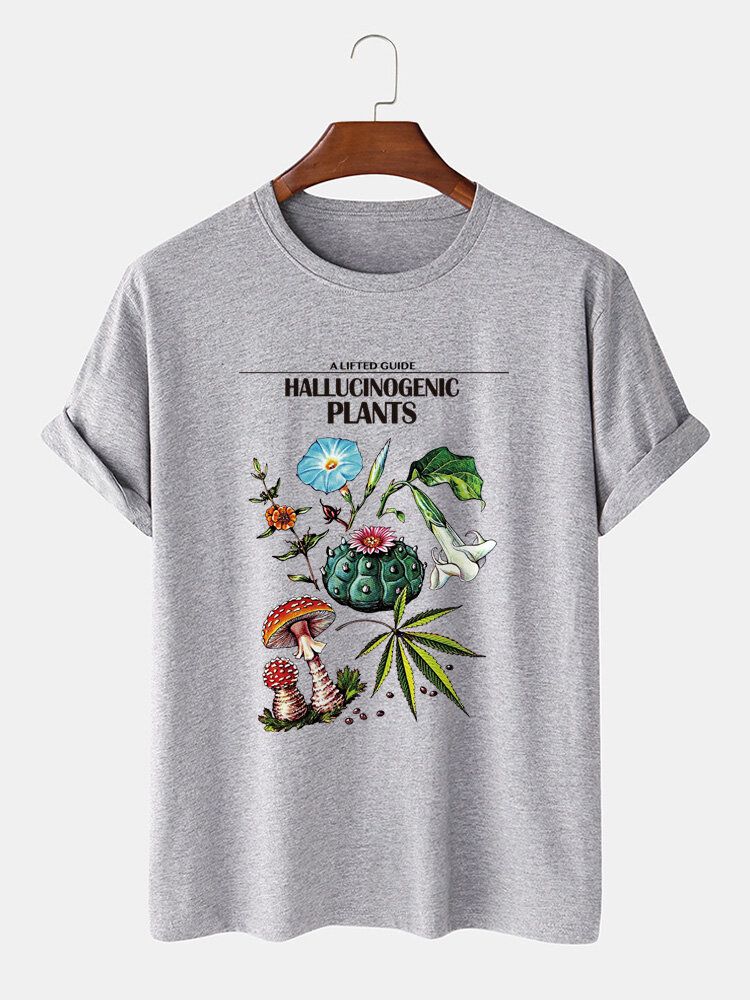 Camiseta De Manga Corta Con Cuello Redondo Y Estampado De Plantas Para Hombre 100% Algodón