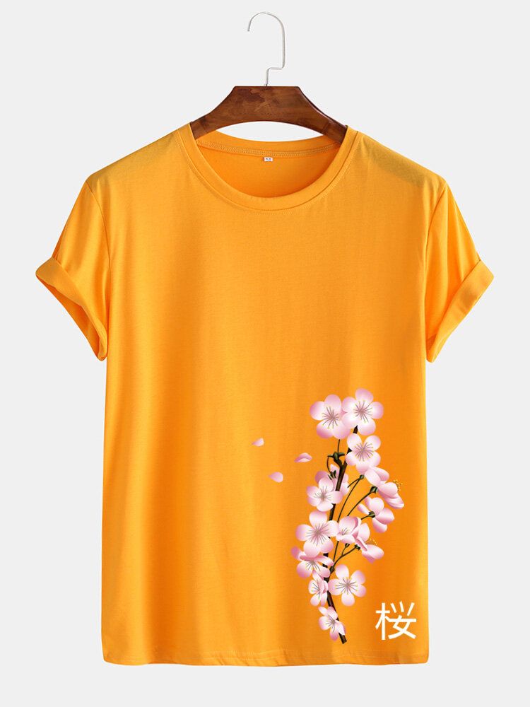 Camiseta De Manga Corta Con Cuello Redondo Y Estilo Japonés Con Estampado De Cerezas Para Hombre