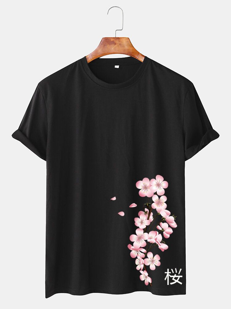 Camiseta De Manga Corta Con Cuello Redondo Y Estilo Japonés Con Estampado De Cerezas Para Hombre