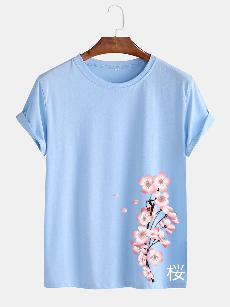 Camiseta De Manga Corta Con Cuello Redondo Y Estilo Japonés Con Estampado De Cerezas Para Hombre