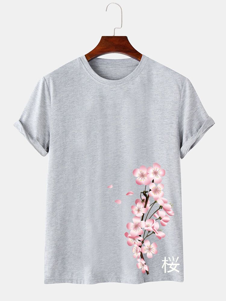 Camiseta De Manga Corta Con Cuello Redondo Y Estilo Japonés Con Estampado De Cerezas Para Hombre