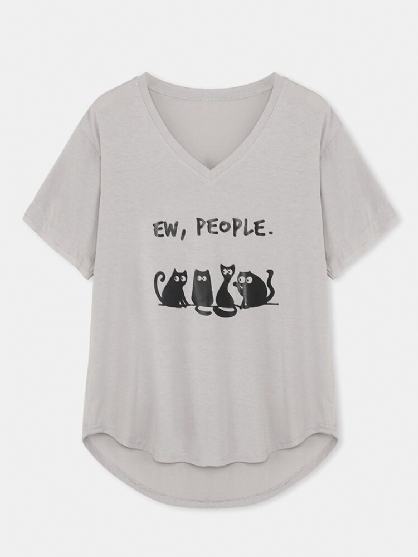 Camiseta De Manga Corta Con Dobladillo Curvo Con Cuello En V Y Estampado De Lema De Gato Lindo De Dibujos Animados Para Mujer