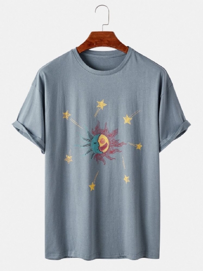 Camiseta De Manga Corta Diaria Con Cuello Redondo Y Estampado De Sol Abstracto Para Hombre