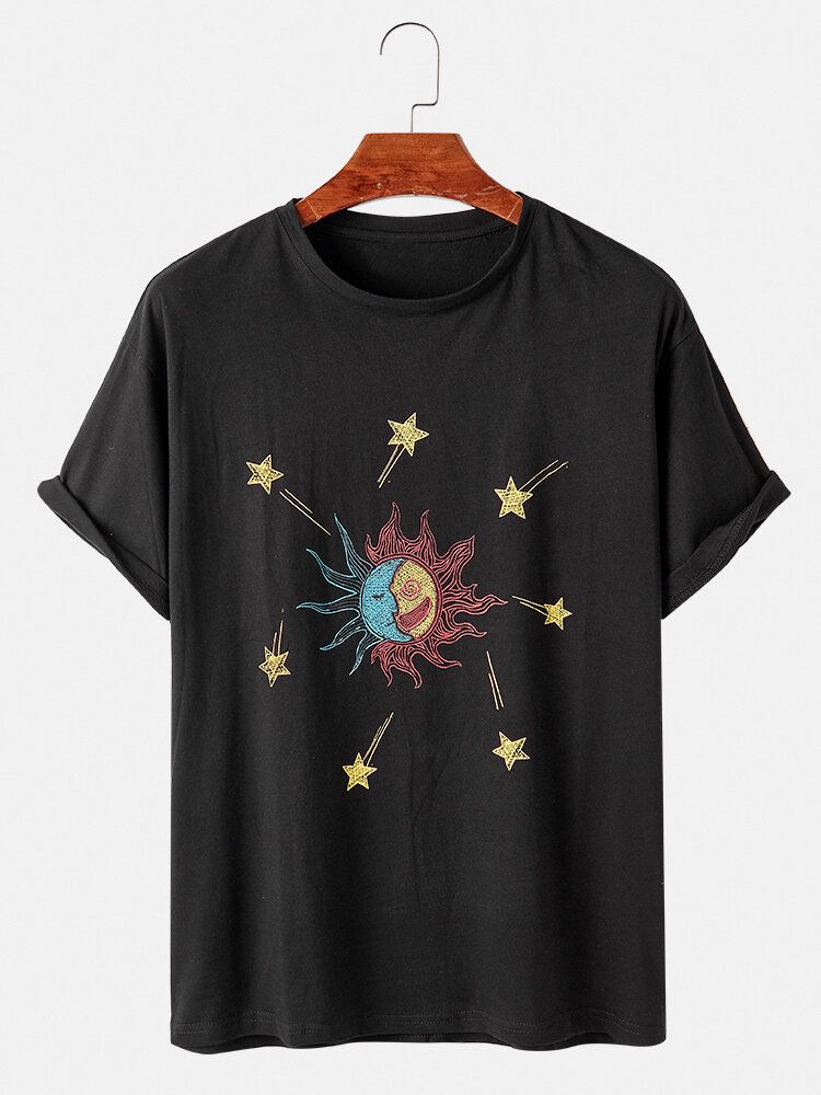 Camiseta De Manga Corta Diaria Con Cuello Redondo Y Estampado De Sol Abstracto Para Hombre