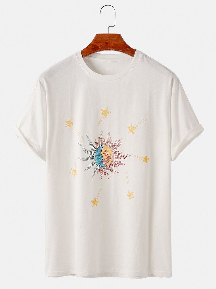 Camiseta De Manga Corta Diaria Con Cuello Redondo Y Estampado De Sol Abstracto Para Hombre