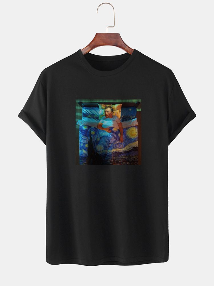 Camiseta De Manga Corta Diaria De Cuello Redondo 100% Algodón Con Estampado De Pecho De Pintura Para Hombre