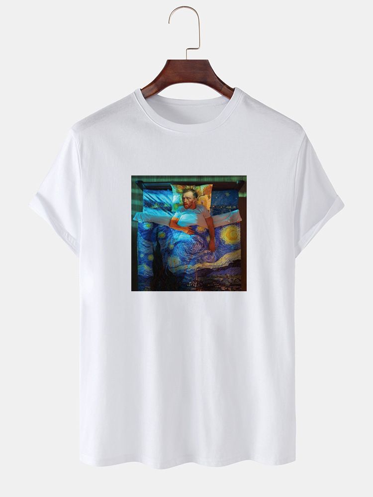 Camiseta De Manga Corta Diaria De Cuello Redondo 100% Algodón Con Estampado De Pecho De Pintura Para Hombre