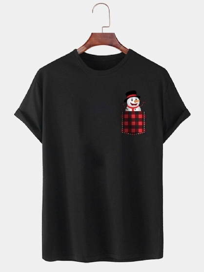 Camiseta De Manga Corta Fina Casual 100% Algodón Con Bolsillo En El Pecho De Muñeco De Nieve Navideño Para Hombre