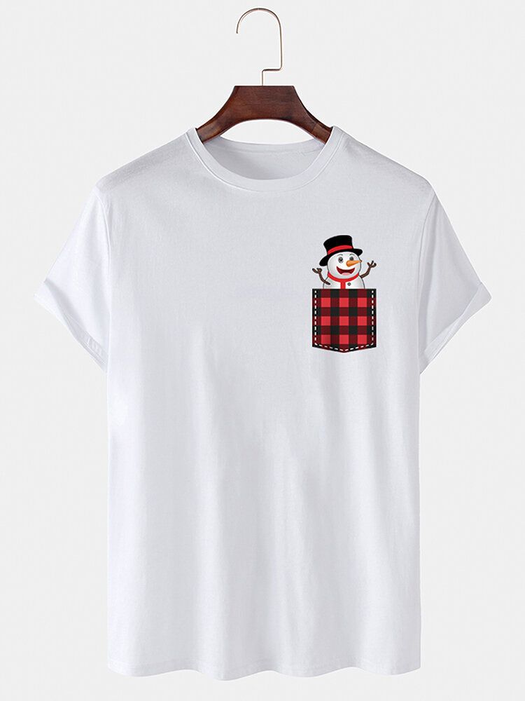 Camiseta De Manga Corta Fina Casual 100% Algodón Con Bolsillo En El Pecho De Muñeco De Nieve Navideño Para Hombre