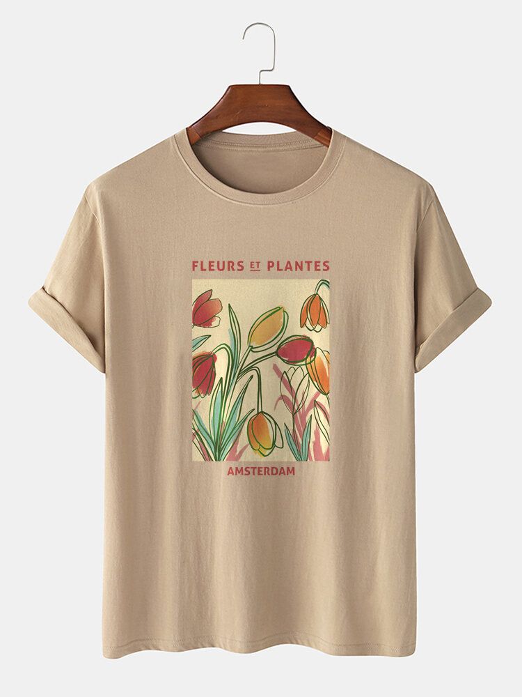 Camiseta De Manga Corta Informal 100% Algodón Con Cuello Redondo Y Estampado De Póster De Plantas Para Hombre