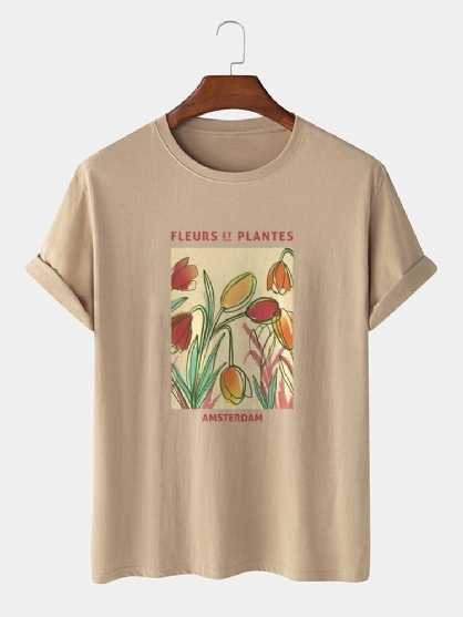 Camiseta De Manga Corta Informal 100% Algodón Con Cuello Redondo Y Estampado De Póster De Plantas Para Hombre