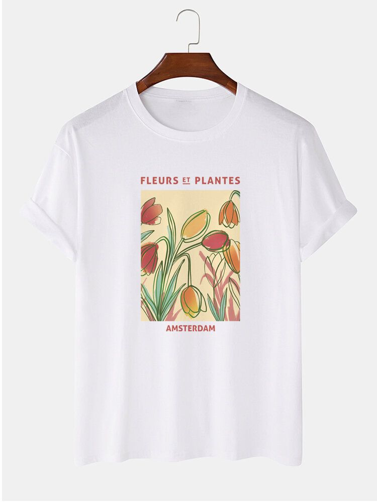 Camiseta De Manga Corta Informal 100% Algodón Con Cuello Redondo Y Estampado De Póster De Plantas Para Hombre