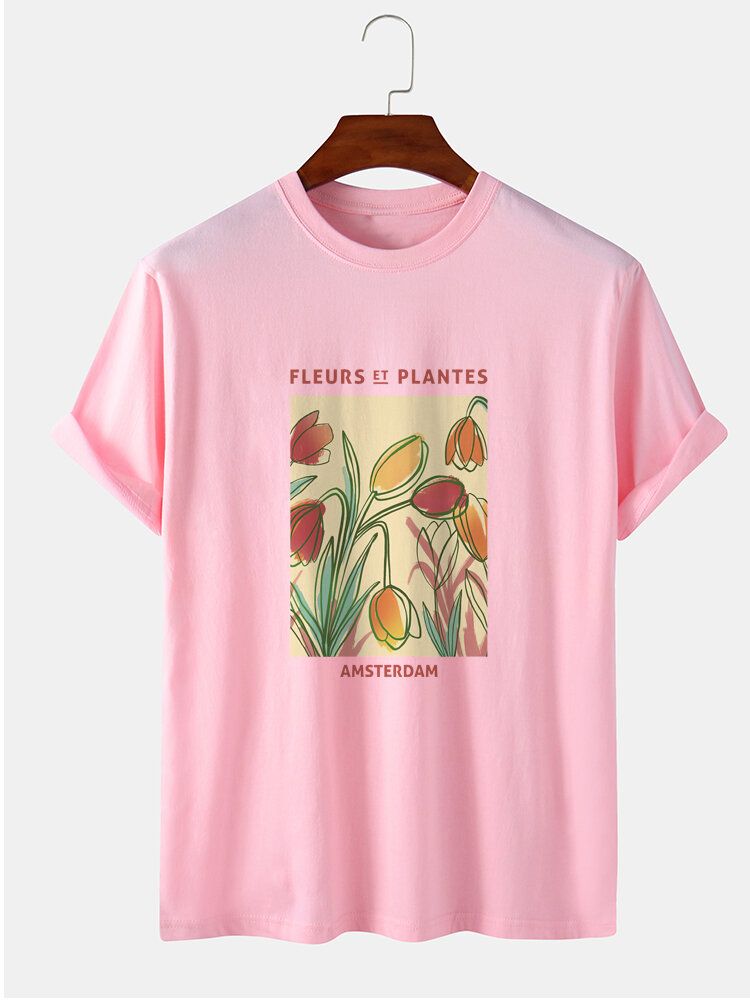 Camiseta De Manga Corta Informal 100% Algodón Con Cuello Redondo Y Estampado De Póster De Plantas Para Hombre