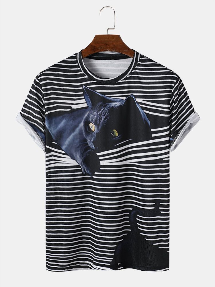 Camiseta De Manga Corta Informal Con Cuello Redondo Y Estampado De Gato A Rayas 3d Para Hombre