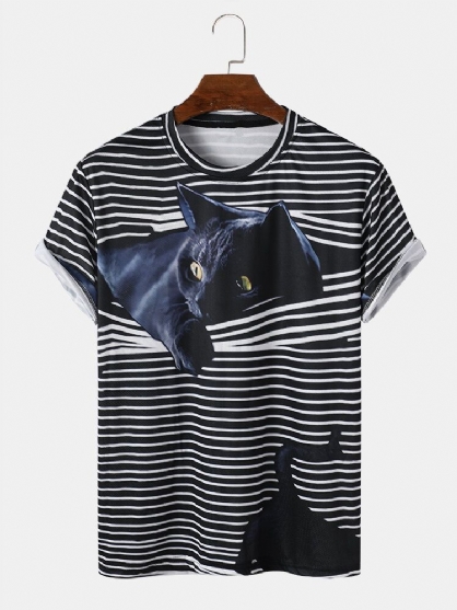 Camiseta De Manga Corta Informal Con Cuello Redondo Y Estampado De Gato A Rayas 3d Para Hombre