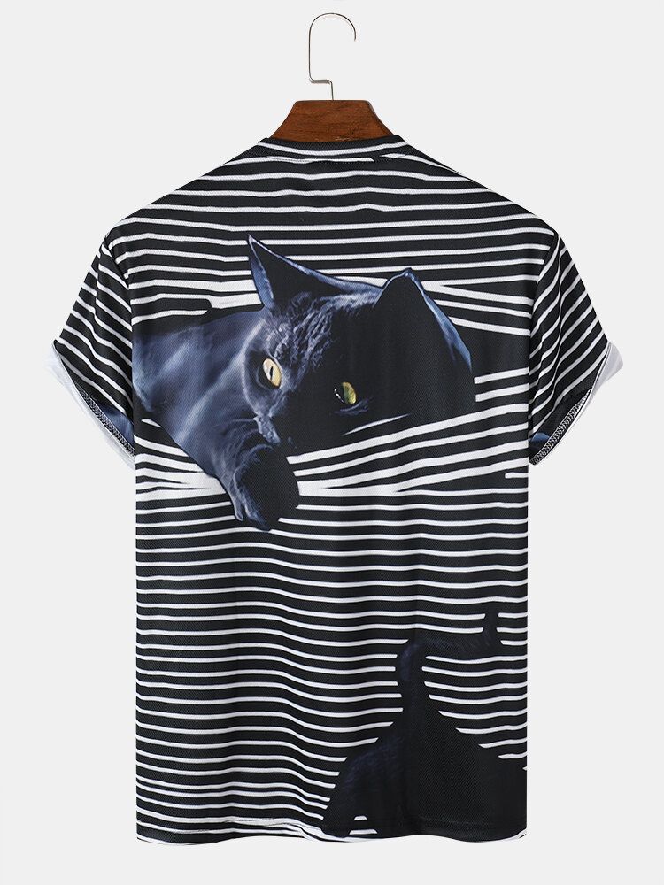 Camiseta De Manga Corta Informal Con Cuello Redondo Y Estampado De Gato A Rayas 3d Para Hombre