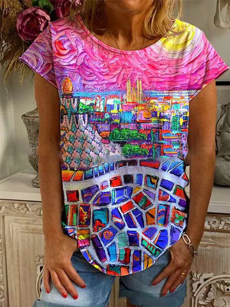 Camiseta De Manga Corta Informal Con Cuello Redondo Y Estampado De Pintura De La Ciudad Al Óleo Colorida Para Mujer