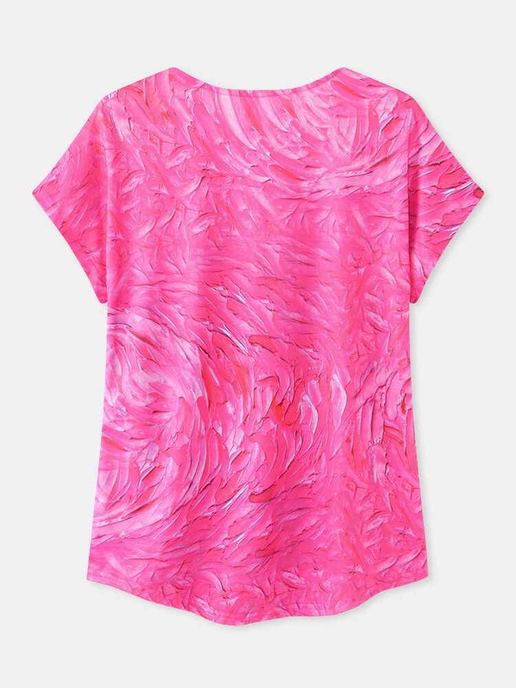 Camiseta De Manga Corta Informal Con Cuello Redondo Y Estampado De Pintura De La Ciudad Al Óleo Colorida Para Mujer