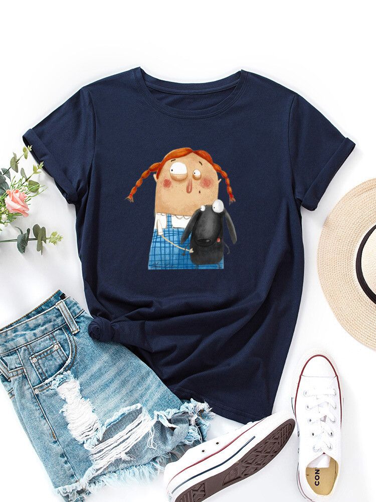 Camiseta De Manga Corta Informal Con Cuello Redondo Y Gráfico De Animal Y Figura De Dibujos Animados Para Mujer