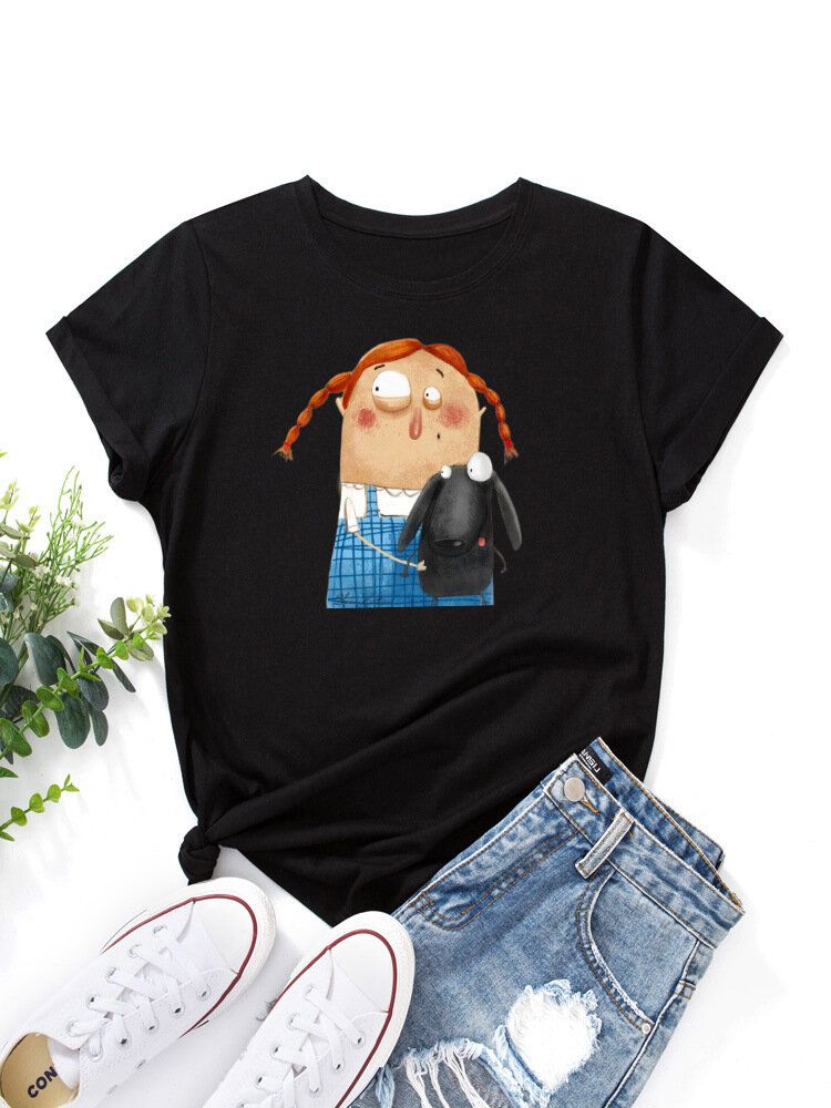 Camiseta De Manga Corta Informal Con Cuello Redondo Y Gráfico De Animal Y Figura De Dibujos Animados Para Mujer