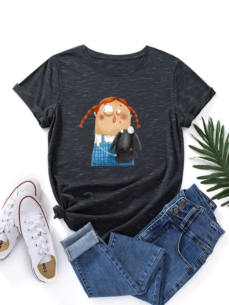 Camiseta De Manga Corta Informal Con Cuello Redondo Y Gráfico De Animal Y Figura De Dibujos Animados Para Mujer