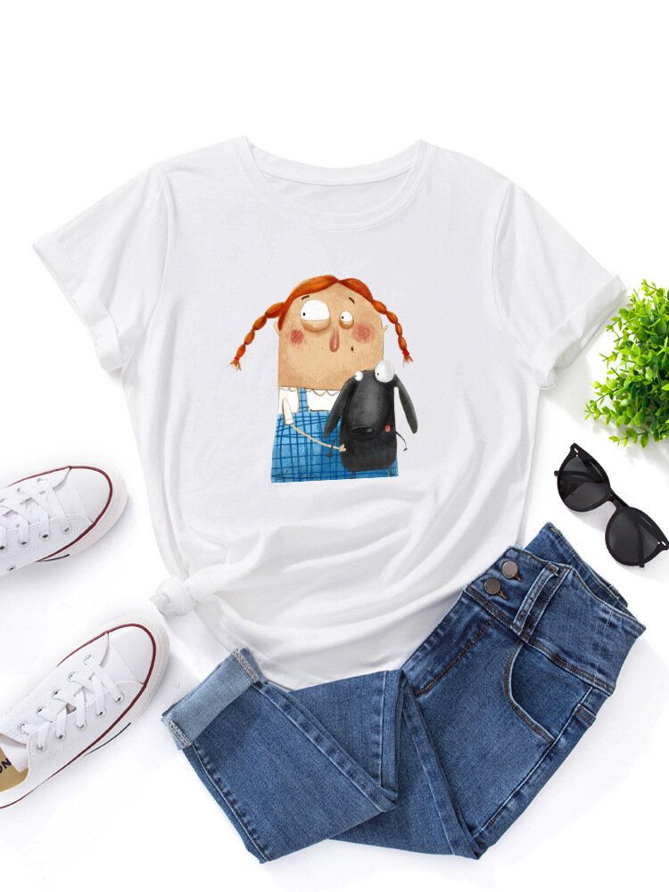 Camiseta De Manga Corta Informal Con Cuello Redondo Y Gráfico De Animal Y Figura De Dibujos Animados Para Mujer