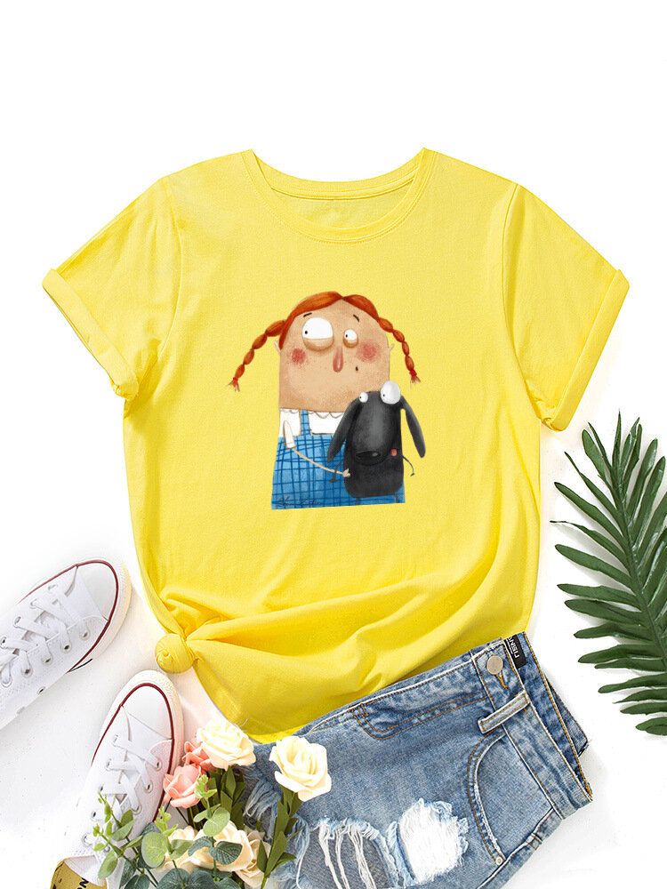 Camiseta De Manga Corta Informal Con Cuello Redondo Y Gráfico De Animal Y Figura De Dibujos Animados Para Mujer