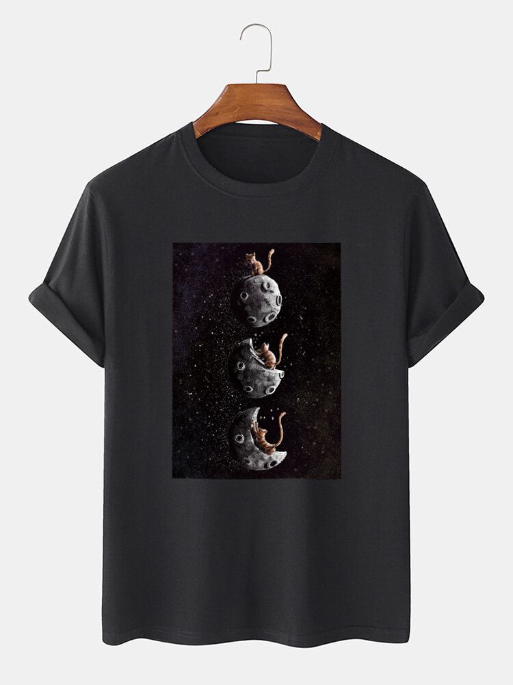 Camiseta De Manga Corta Informal Con Estampado Gráfico De Gato Espacial 100% Algodón Para Hombre