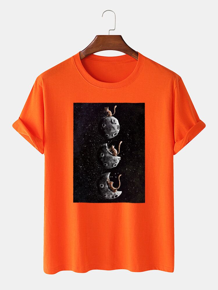 Camiseta De Manga Corta Informal Con Estampado Gráfico De Gato Espacial 100% Algodón Para Hombre