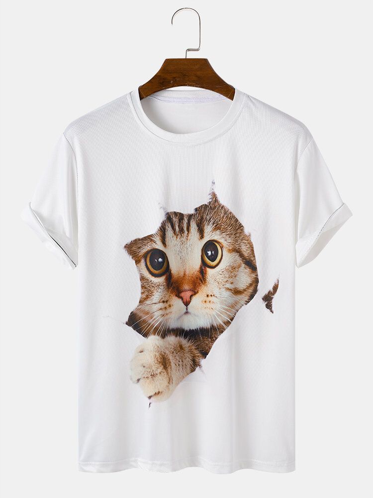 Camiseta De Manga Corta Suelta Informal Sólida Con Estampado De Gato Lindo 3d Para Hombre