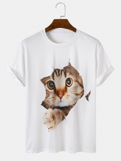 Camiseta De Manga Corta Suelta Informal Sólida Con Estampado De Gato Lindo 3d Para Hombre