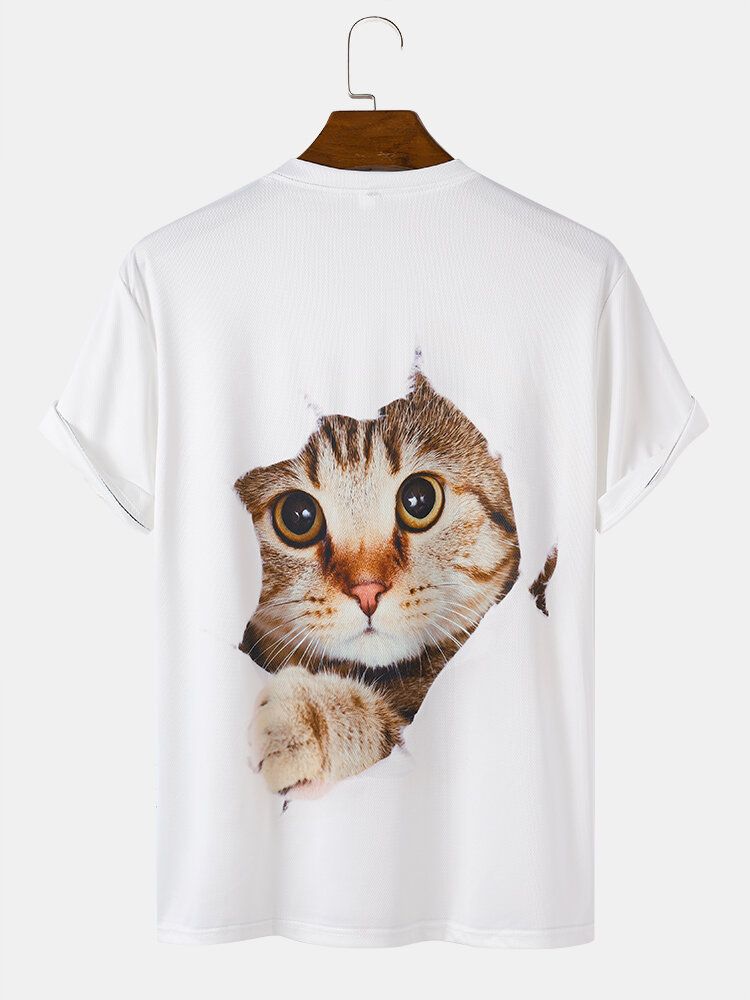 Camiseta De Manga Corta Suelta Informal Sólida Con Estampado De Gato Lindo 3d Para Hombre