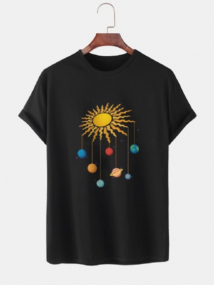 Camiseta De Manga Corta Transpirable Informal Con Estampado De Sol Y Planeta De Dibujos Animados 100% Algodón Para Hombre