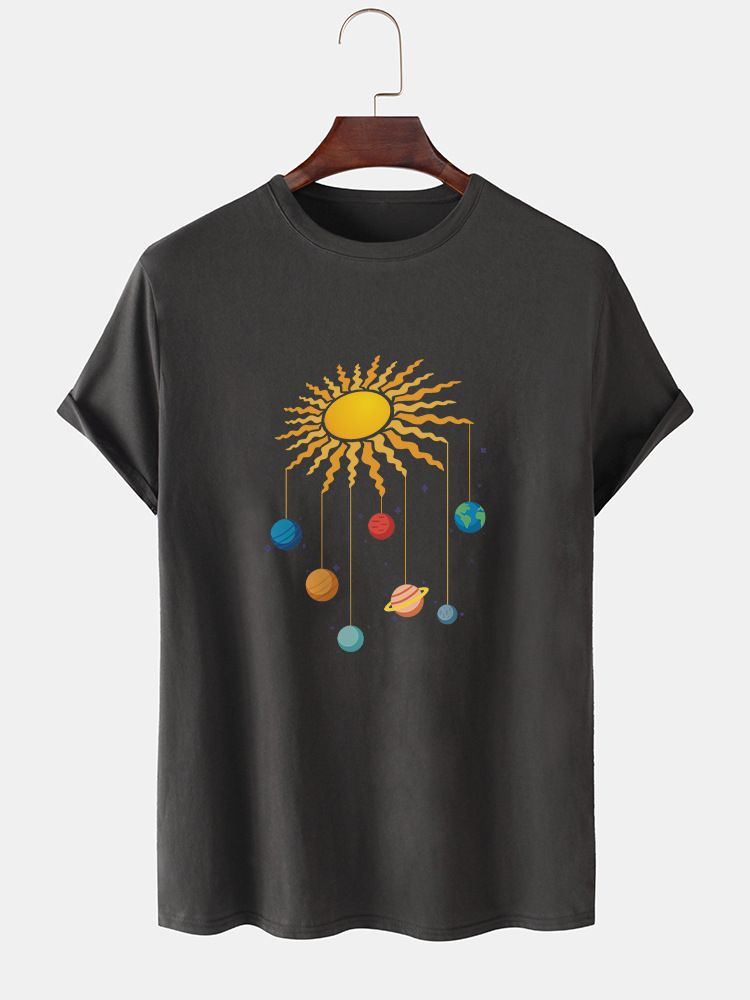 Camiseta De Manga Corta Transpirable Informal Con Estampado De Sol Y Planeta De Dibujos Animados 100% Algodón Para Hombre