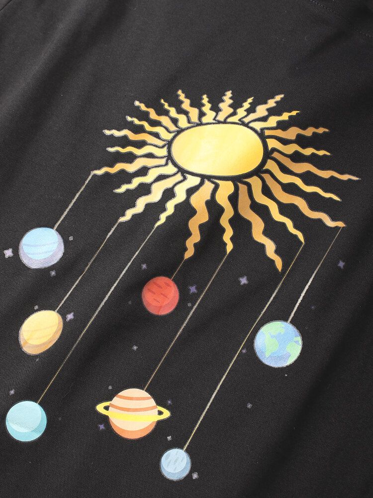 Camiseta De Manga Corta Transpirable Informal Con Estampado De Sol Y Planeta De Dibujos Animados 100% Algodón Para Hombre