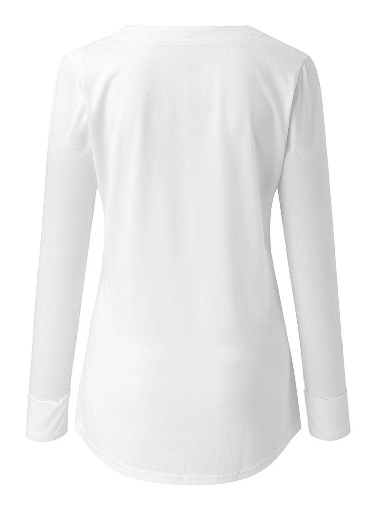 Camiseta De Manga Larga Holgada Informal De Algodón Con Medio Botón De Color Sólido Para Mujer