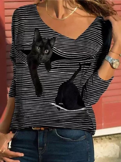 Camiseta De Manga Larga Informal Con Cuello En V A Rayas De Gato De Dibujos Animados Para Mujer