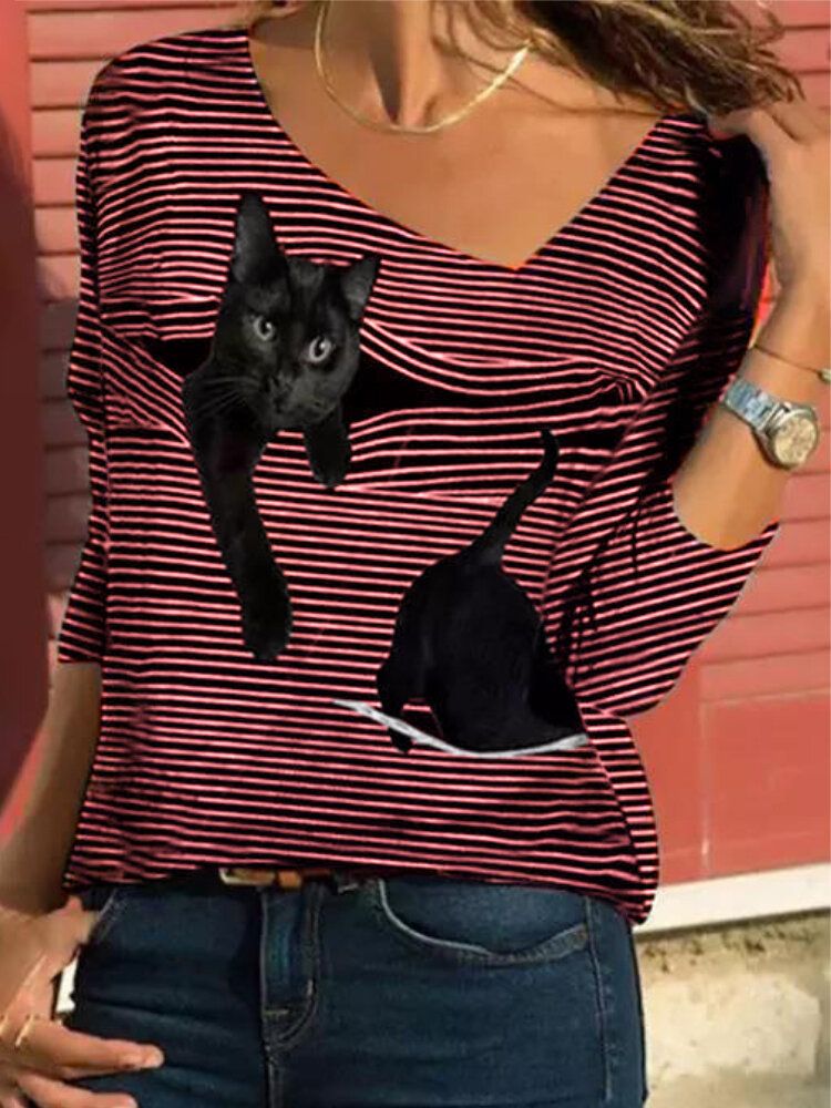 Camiseta De Manga Larga Informal Con Cuello En V A Rayas De Gato De Dibujos Animados Para Mujer