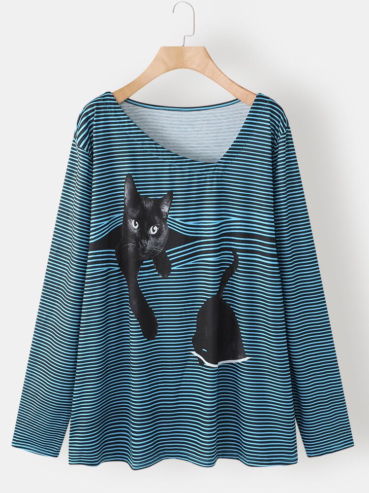 Camiseta De Manga Larga Informal Con Cuello En V A Rayas De Gato De Dibujos Animados Para Mujer