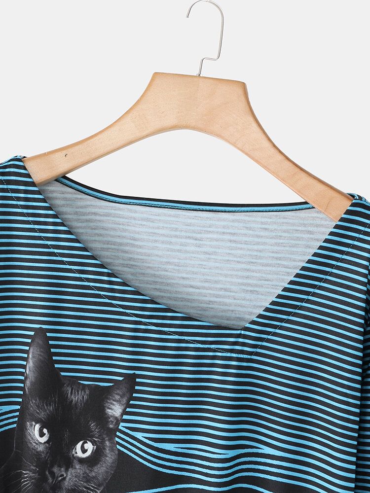 Camiseta De Manga Larga Informal Con Cuello En V A Rayas De Gato De Dibujos Animados Para Mujer