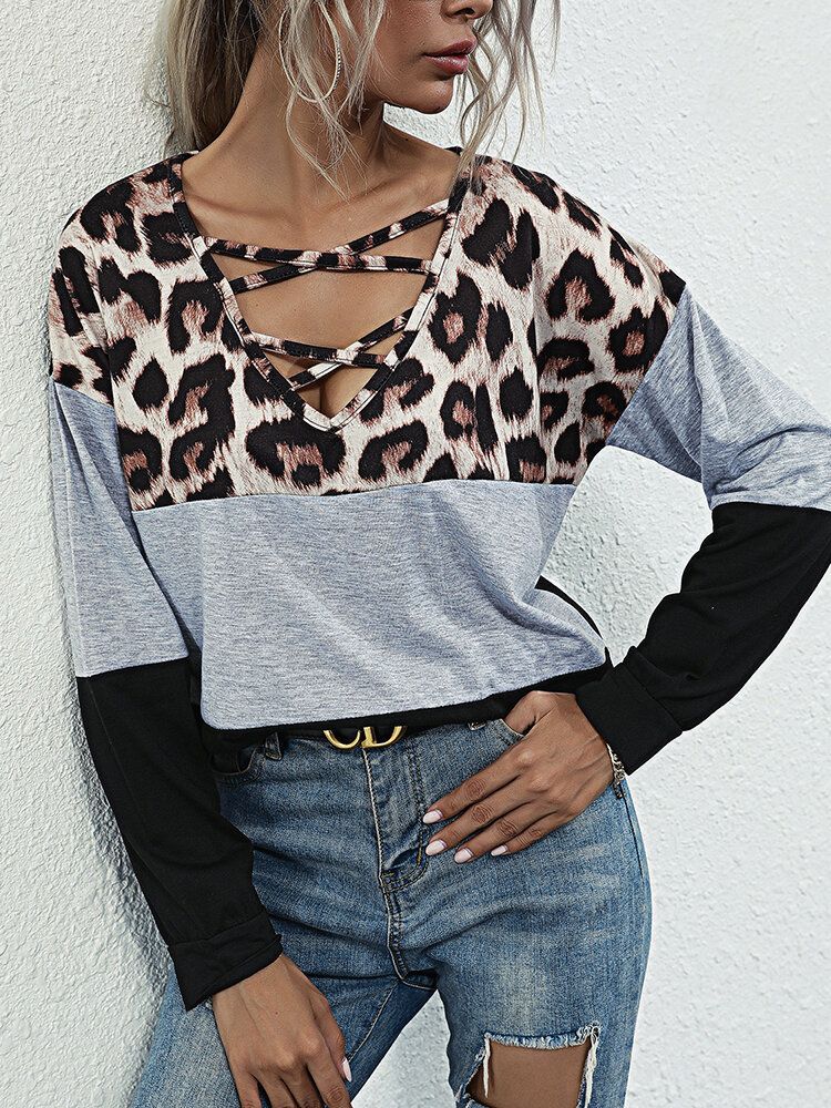 Camiseta De Manga Larga Informal Con Estampado De Leopardo Con Estampado De Retazos De Leopardo Para Mujer