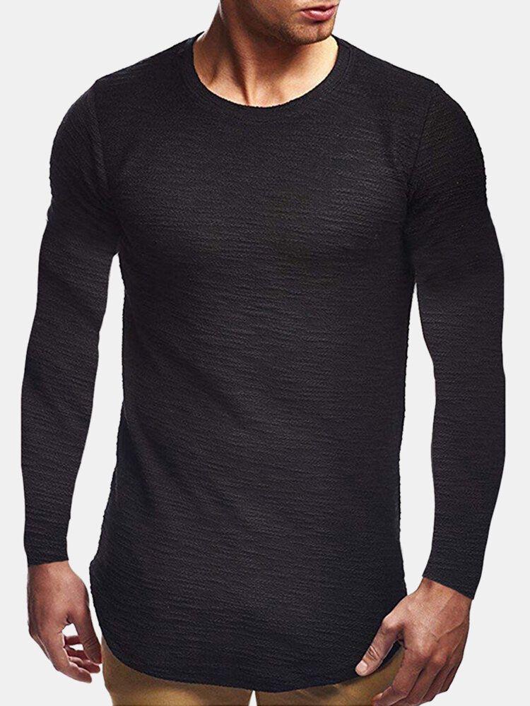 Camiseta De Manga Larga Informal De Cuello Redondo De Algodón De Color Sólido De Corte Slim De Jacquard Para Hombre