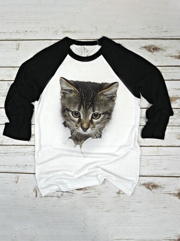 Camiseta De Manga Raglán Con Estampado De Gato Lindo 3d Para Mujer Ajuste Regular Cuello Redondo Camiseta Informal