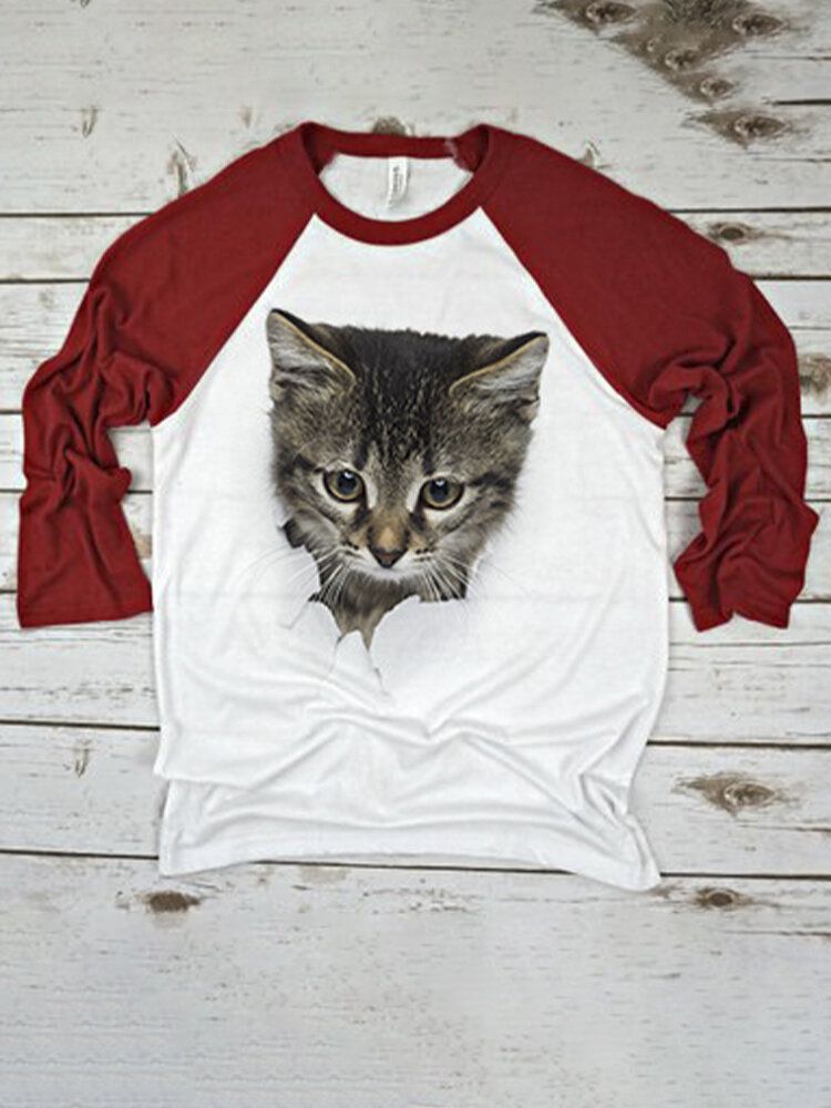 Camiseta De Manga Raglán Con Estampado De Gato Lindo 3d Para Mujer Ajuste Regular Cuello Redondo Camiseta Informal