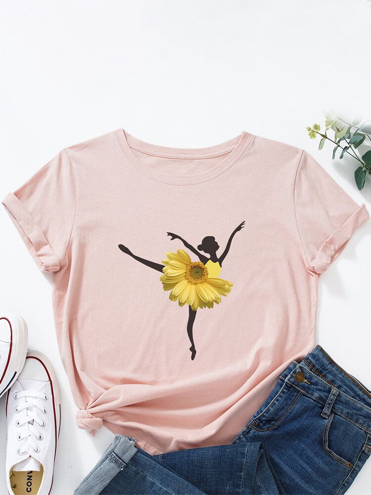 Camiseta Multicolor De Manga Corta Con Cuello Redondo Y Estampado De Niña Bailarina De Flores Para Mujer