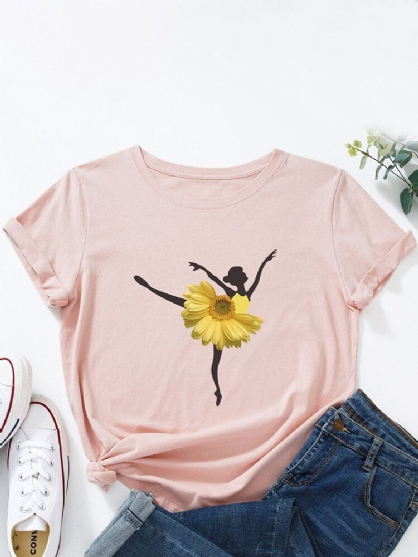 Camiseta Multicolor De Manga Corta Con Cuello Redondo Y Estampado De Niña Bailarina De Flores Para Mujer