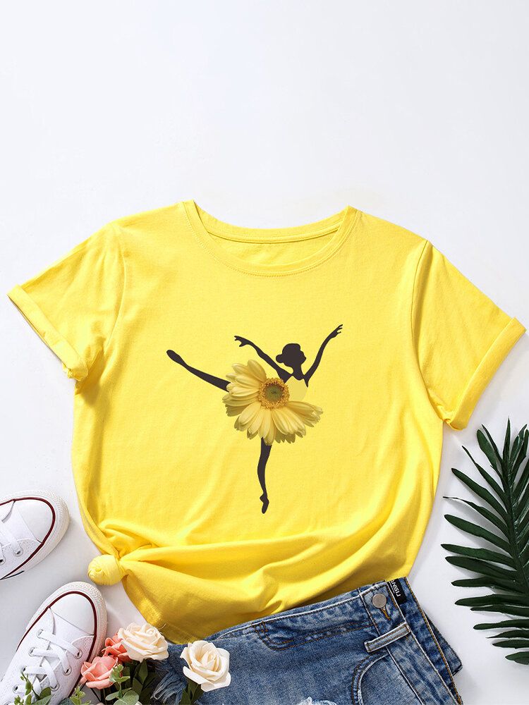 Camiseta Multicolor De Manga Corta Con Cuello Redondo Y Estampado De Niña Bailarina De Flores Para Mujer