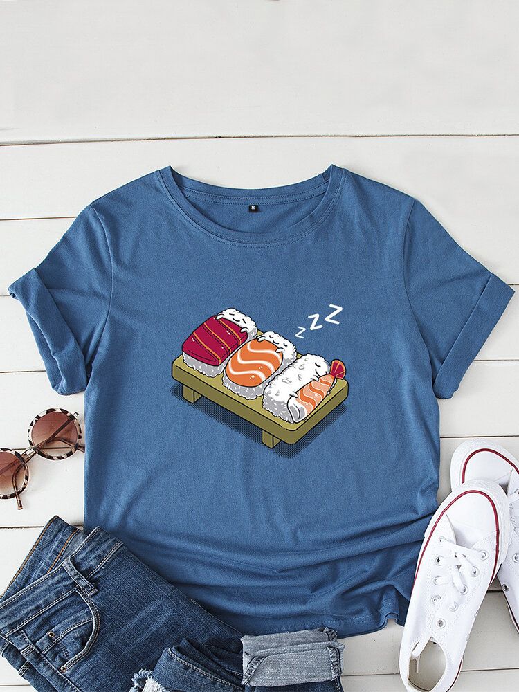 Camiseta De Ocio De Manga Corta Con Cuello Redondo Y Estampado De Sushi Para Dormir De Dibujos Animados Para Mujer